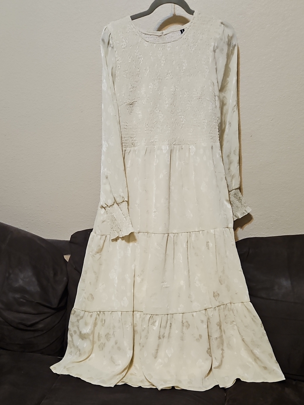 Long-Sleeve Cream Tiered Maxi Dress with Smocked Bodice
